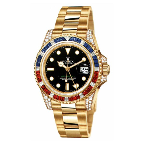 Rolex GMT-Master II Yellow Gold Diamonds Sapphires Rubies Black Dial 116758 SARU